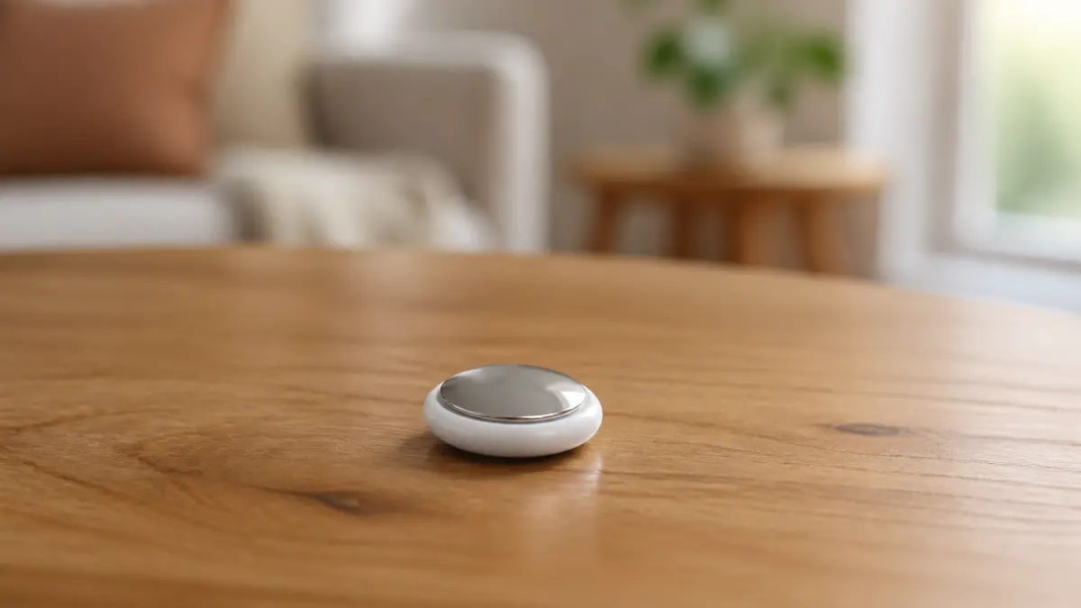 Apple AirTag על שולחן עץ