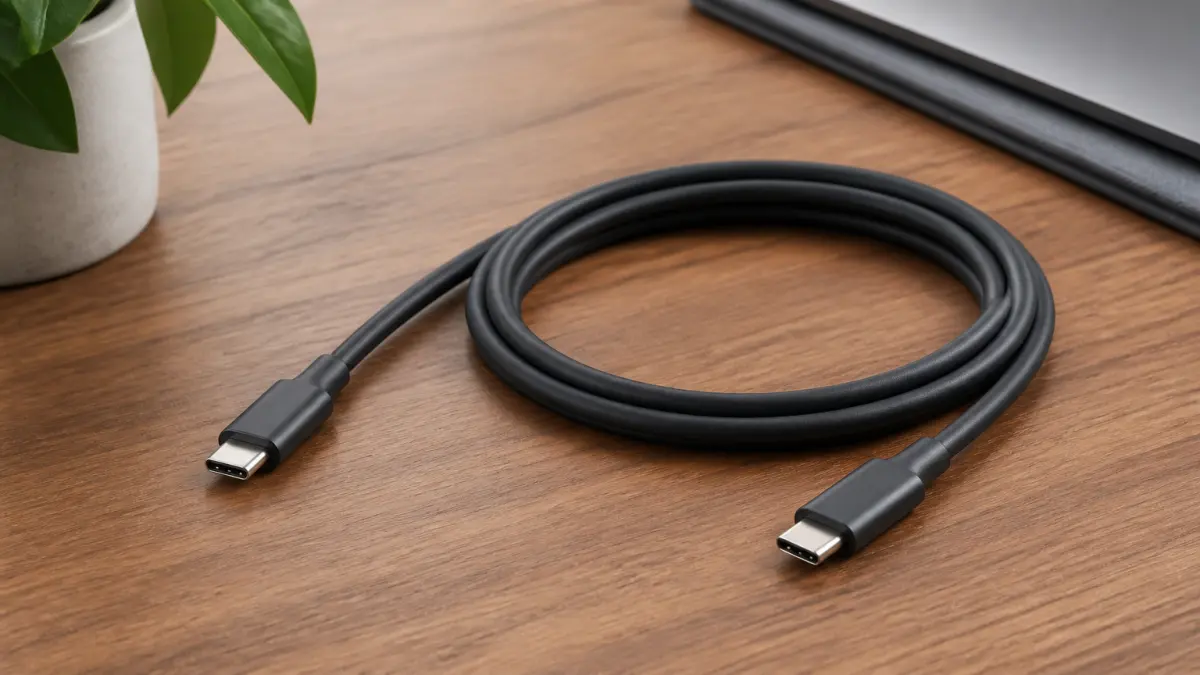 כבל USB-C על שולחן עץ