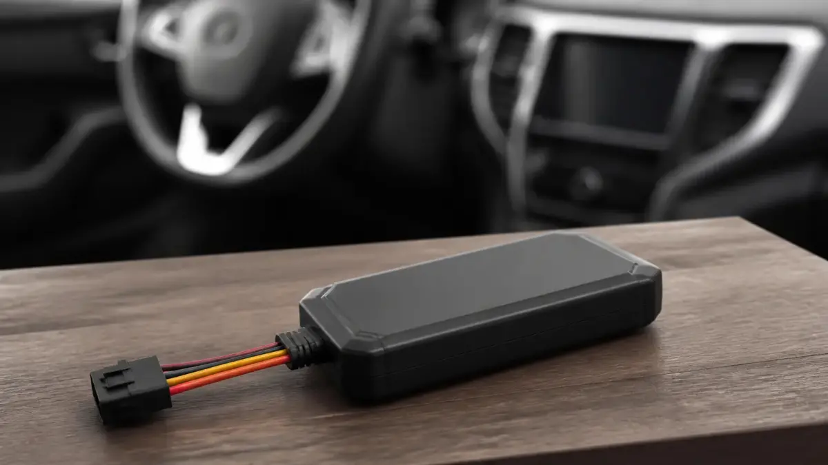 מכשיר GPS Tracker על שולחן עץ