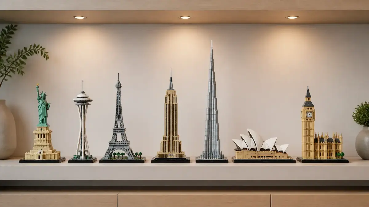 תצוגת דגמי LEGO Architecture על מדף
