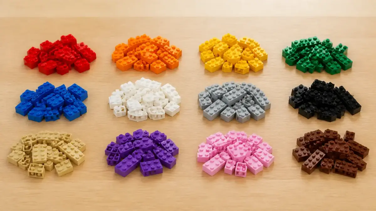 קוביות LEGO צבעוניות מסודרות על שולחן