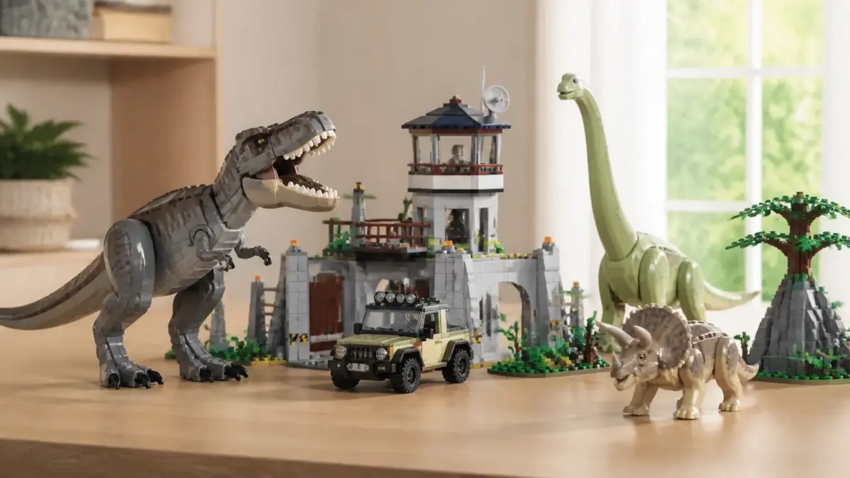 סטי לגו של Jurassic World על שולחן