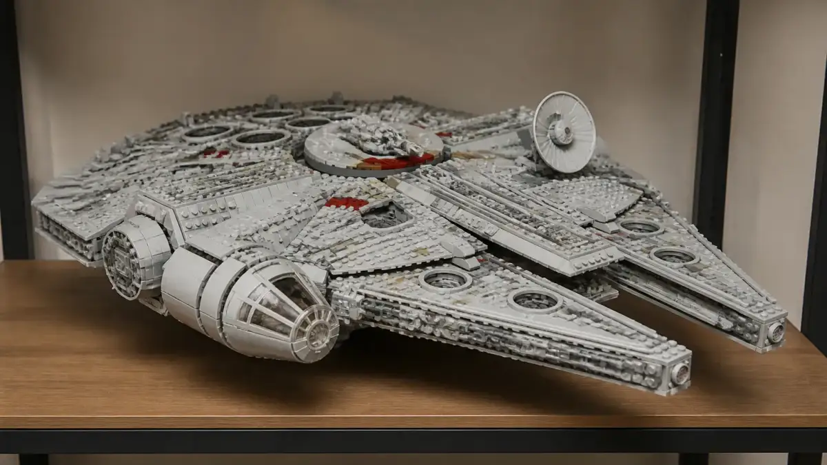 דגם LEGO Millennium Falcon על מדף תצוגה