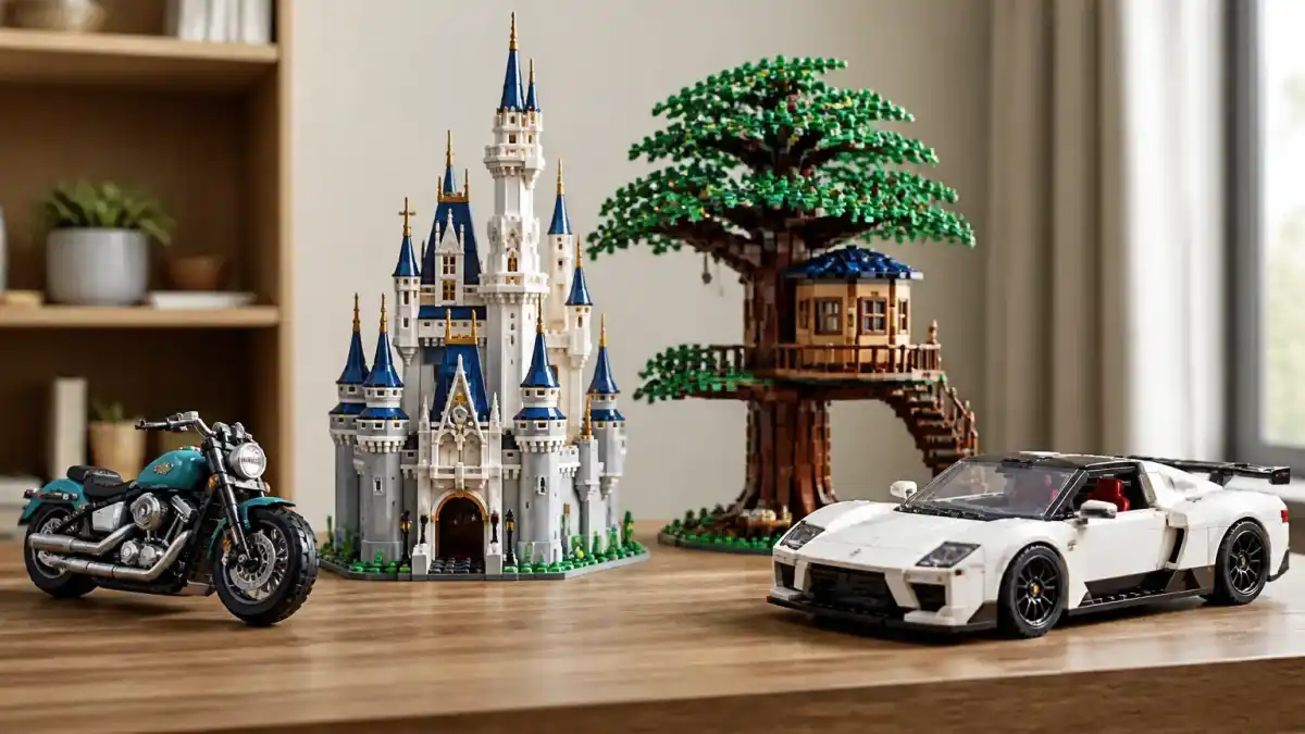 תצוגת ערכות LEGO על שולחן