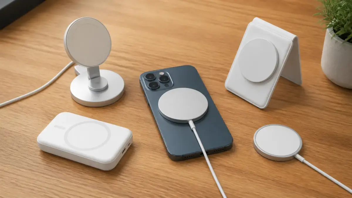 אביזרי MagSafe על שולחן עץ