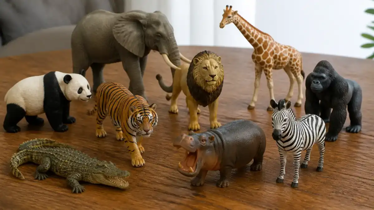 דמויות חיות של Schleich על שולחן עץ