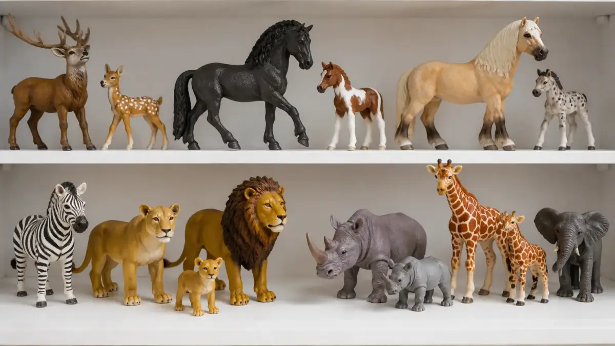 אוסף דמויות Schleich על מדף נקי