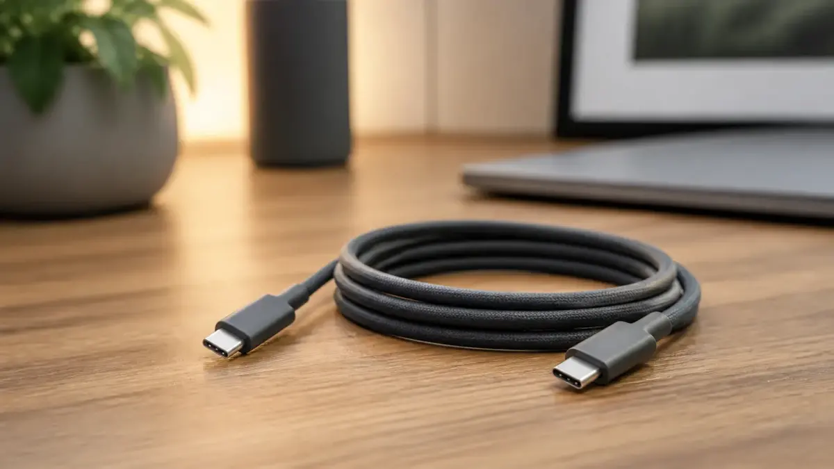 כבל USB-C על שולחן עץ