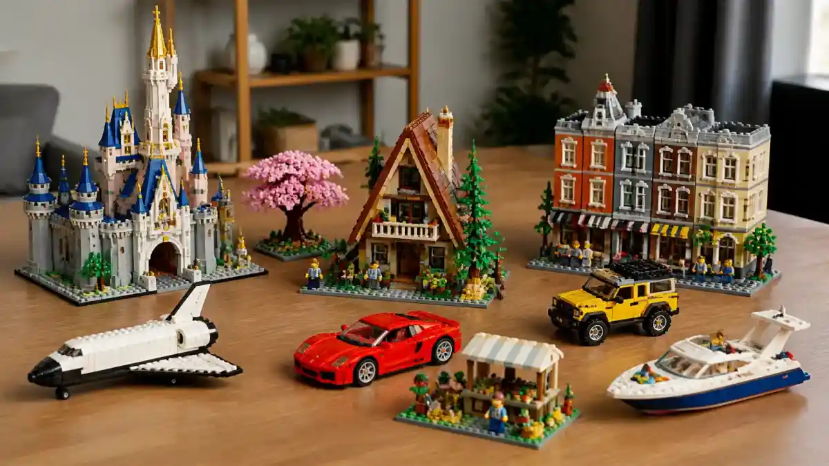 תצוגה של סטי LEGO צבעוניים על שולחן
