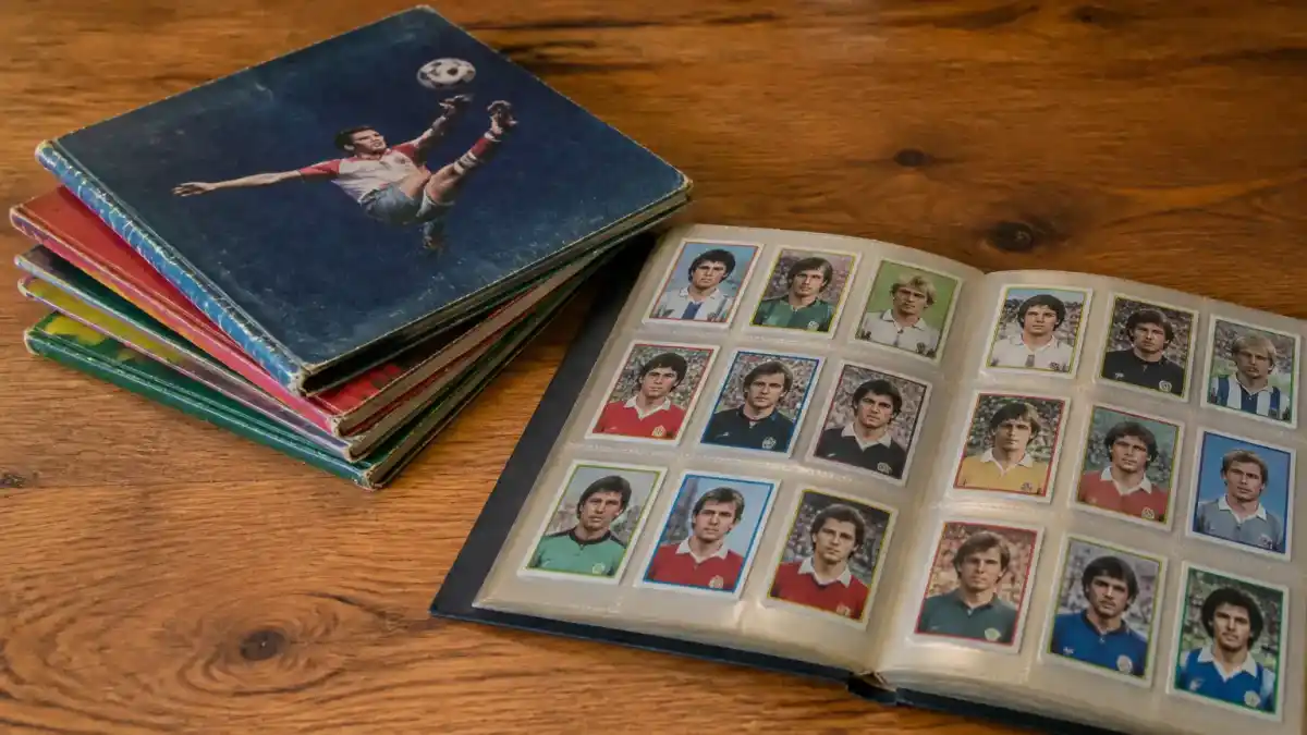 אלבומי Panini ישנים על שולחן עץ