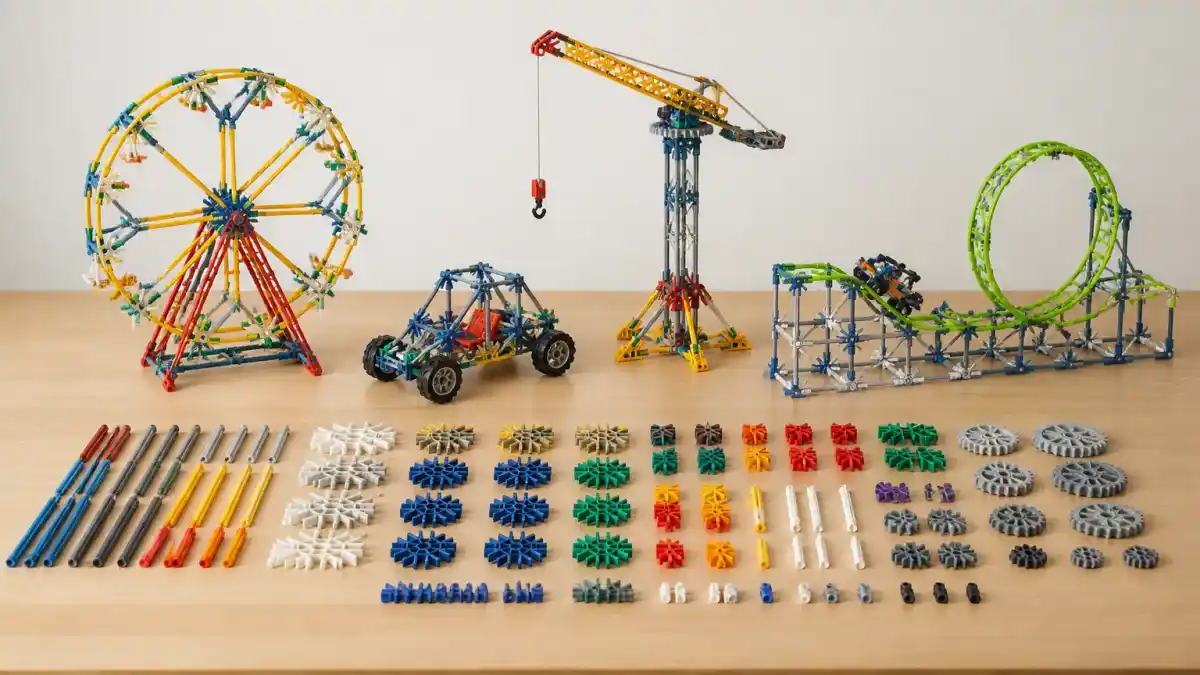 סטי K'NEX מסודרים על שולחן