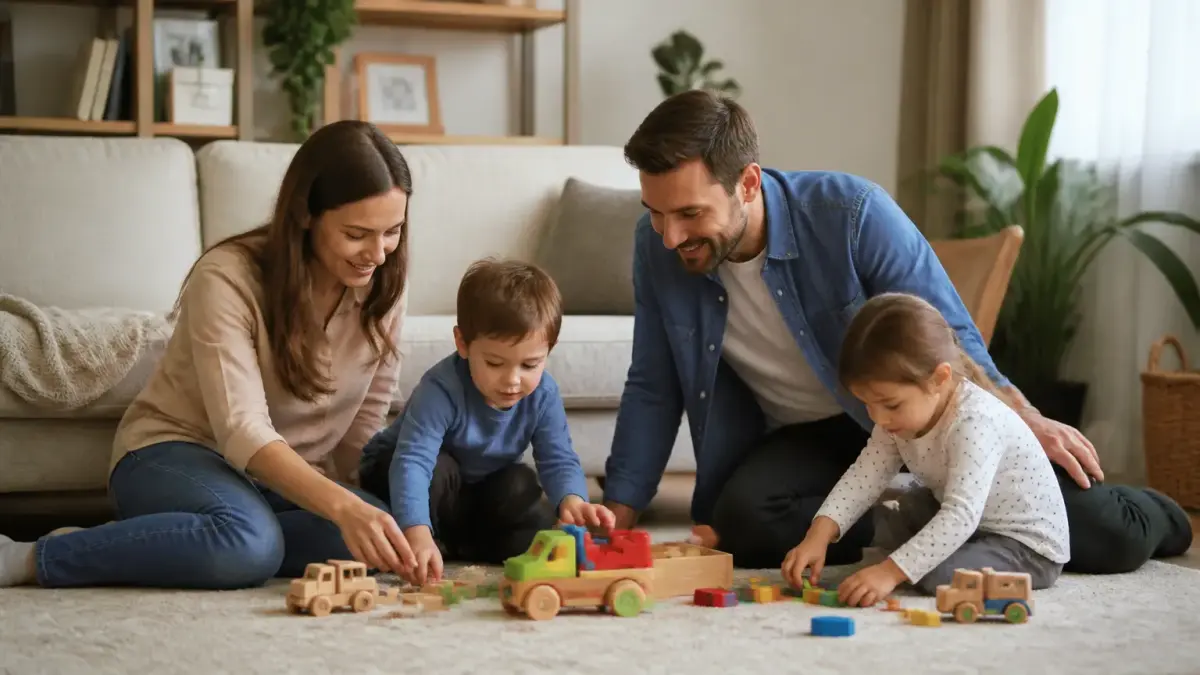 משפחה משחקת עם צעצועים בסלון נעים