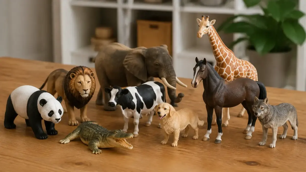 דמויות חיות של Schleich על שולחן עץ