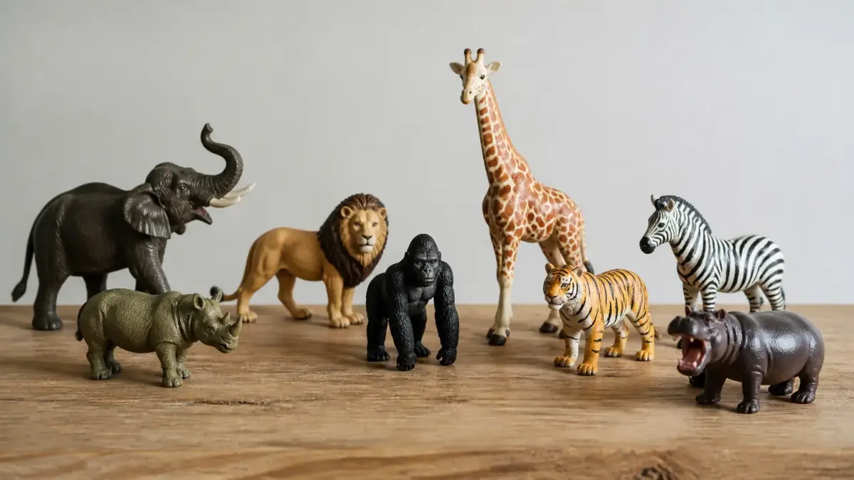 דמויות חיות של Schleich על שולחן עץ